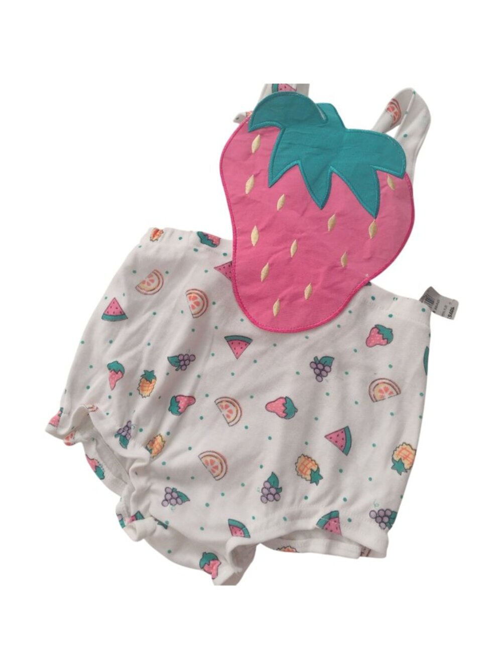 Vtg Fisher-Price Kidswear 2T Fruit-Print Romper NEW Deadstock w Strawberry Bib - Picture 8 of 8